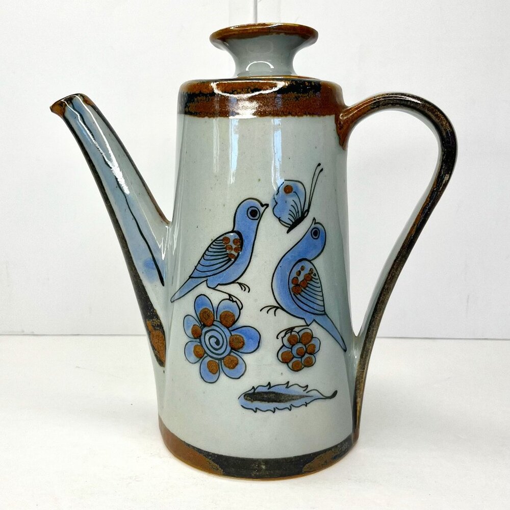 El Palomar Tonala Pottery Coffee Pot Server Blue Bird Butterflies READ
